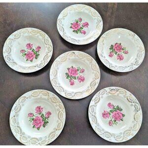 6 Antique Swinnertons Bone China 22 Karat Gold Laurel Rim 8" Bowls Century Rose